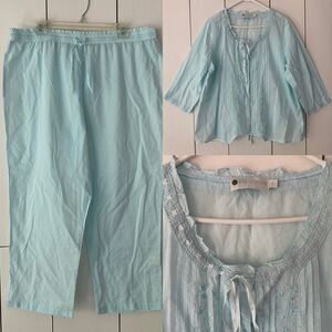 Ella Simone Cotton Pajama Set Sz XL Sky Blue NWOT Embroidered Pintuck Ribbon